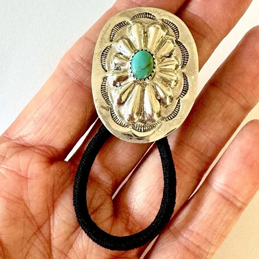 Turquoise Navajo Hair Tie 1.5in Ponytail Hand Stamped‎ Sterling Ornament Concho
